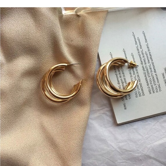 14k Gold Big Hoop Earrings Triple Round Hoop Earrings Basic Statement Earrings - Picture 6 of 6